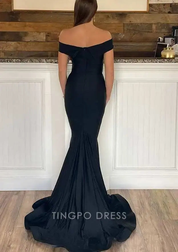 TingPo Wholesale Elegant Trumpet/Mermaid Off-the-Shoulder Short Sleeve Sweep Train Jersey Prom Dress